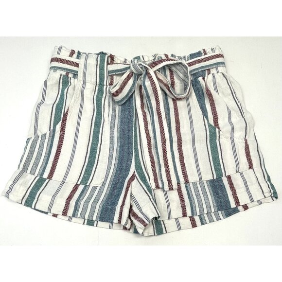 INDIGO REIN Womens MEDIUM Teal/Maroon Stripe Linen Blend 2.5" Paperbag SHORTS - Picture 1 of 7